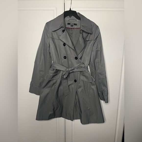 DKNY Gray Belted Trench Coat Medium Classic Double Breasted - Picture 3 of 16